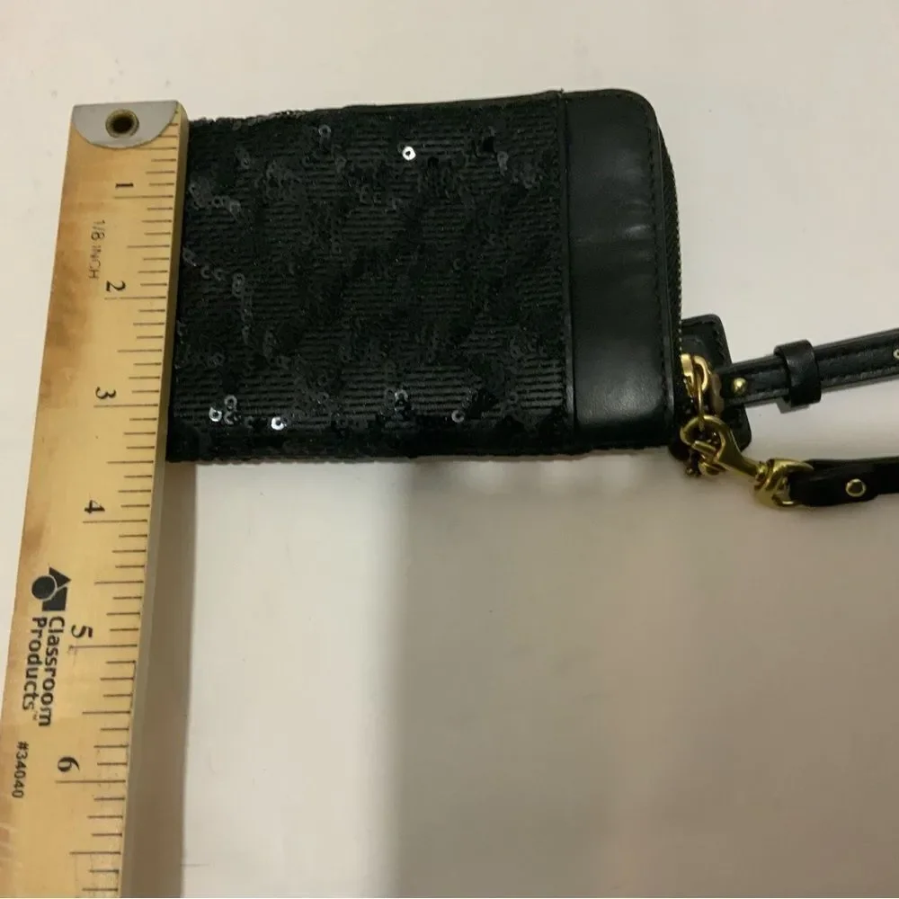 Coach Wristlet Poppy Black Sequin Signature  Zip Bag